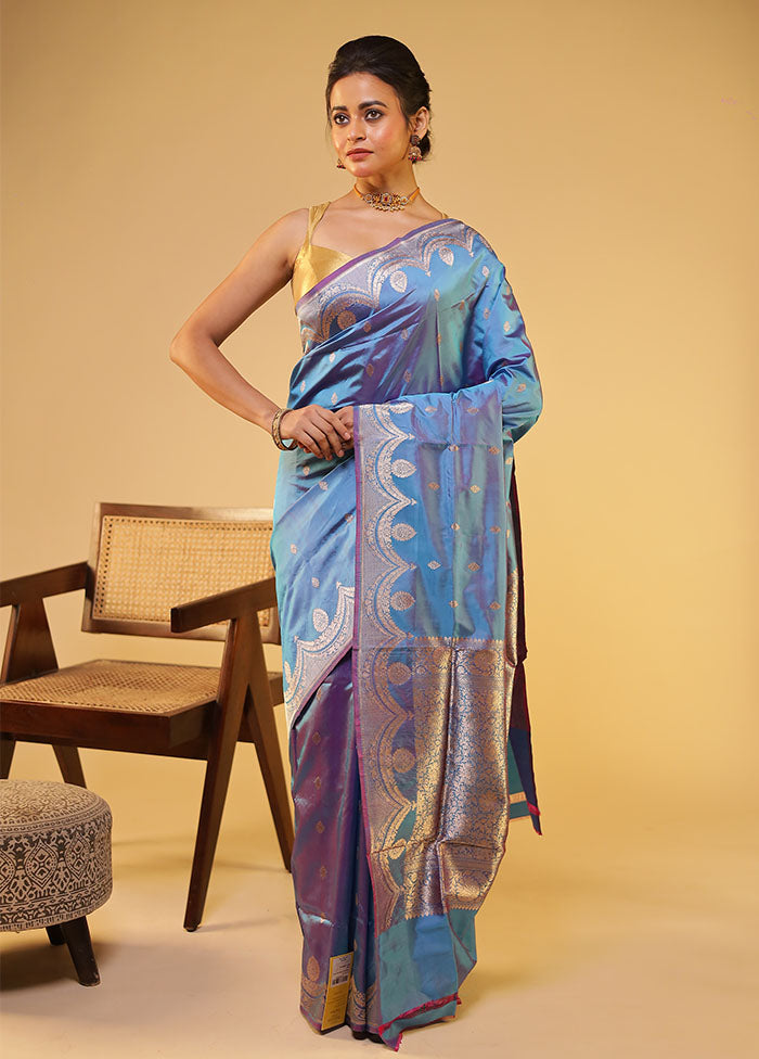 Blue Handloom Katan Pure Silk Saree With Blouse Piece