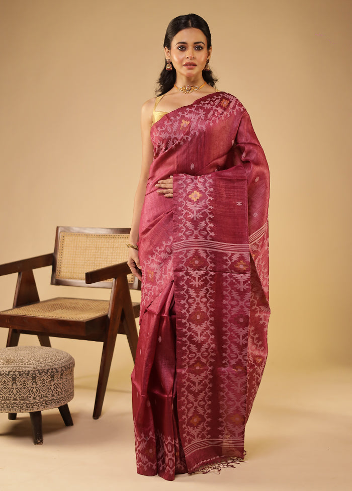 Purple Handloom Tussar Pure Silk Saree With Blouse Piece