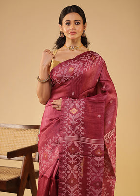 Purple Handloom Tussar Pure Silk Saree With Blouse Piece