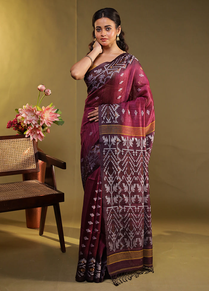 Purple Handloom Tussar Pure Silk Saree With Blouse Piece