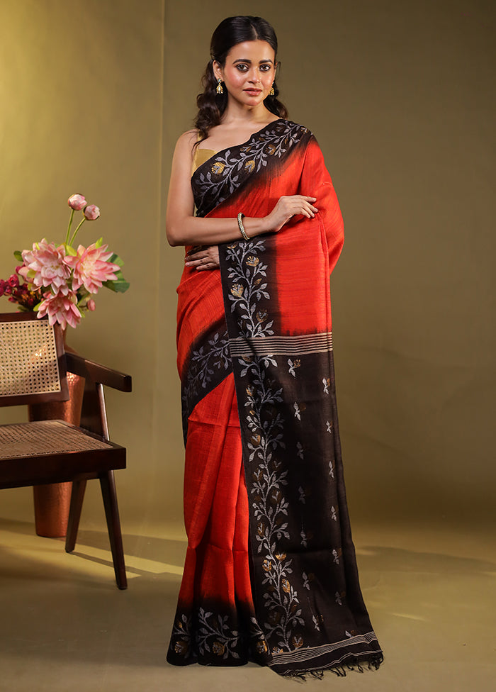 Black Handloom Tussar Pure Silk Saree With Blouse Piece