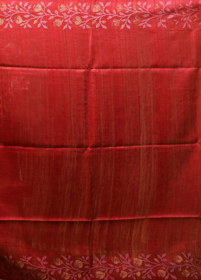 Red Handloom Tussar Pure Silk Saree With Blouse Piece
