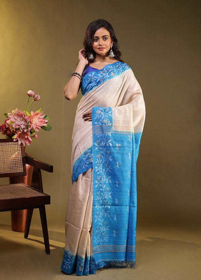 Blue Handloom Tussar Pure Silk Saree With Blouse Piece