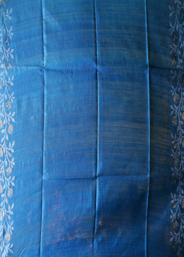 Blue Handloom Tussar Pure Silk Saree With Blouse Piece