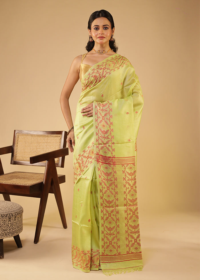 Green Handloom Tussar Pure Silk Saree With Blouse Piece