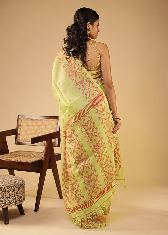 Green Handloom Tussar Pure Silk Saree With Blouse Piece