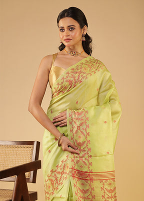 Green Handloom Tussar Pure Silk Saree With Blouse Piece