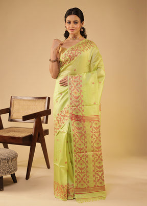 Green Handloom Tussar Pure Silk Saree With Blouse Piece