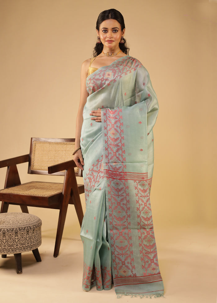 Blue Handloom Tussar Pure Silk Saree With Blouse Piece
