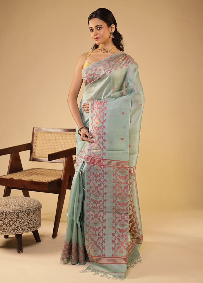 Blue Handloom Tussar Pure Silk Saree With Blouse Piece