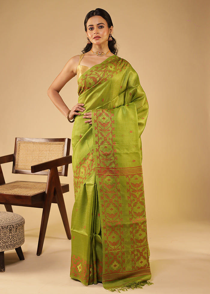 Green Handloom Tussar Pure Silk Saree With Blouse Piece