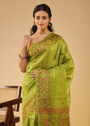 Green Handloom Tussar Pure Silk Saree With Blouse Piece