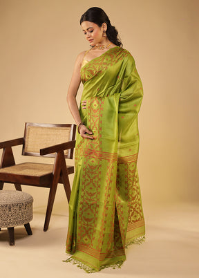 Green Handloom Tussar Pure Silk Saree With Blouse Piece