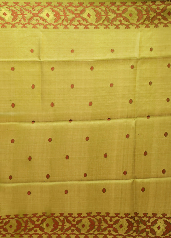 Green Handloom Tussar Pure Silk Saree With Blouse Piece