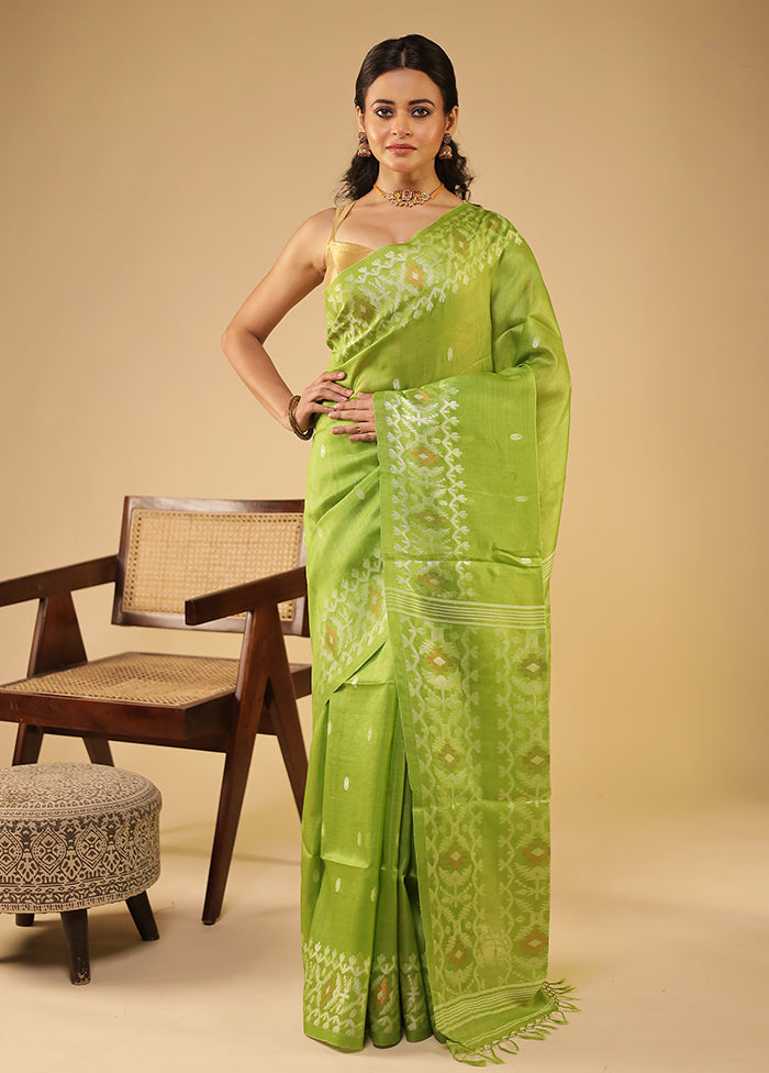 Green Handloom Tussar Pure Silk Saree With Blouse Piece