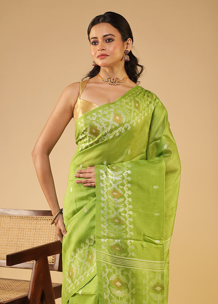 Green Handloom Tussar Pure Silk Saree With Blouse Piece