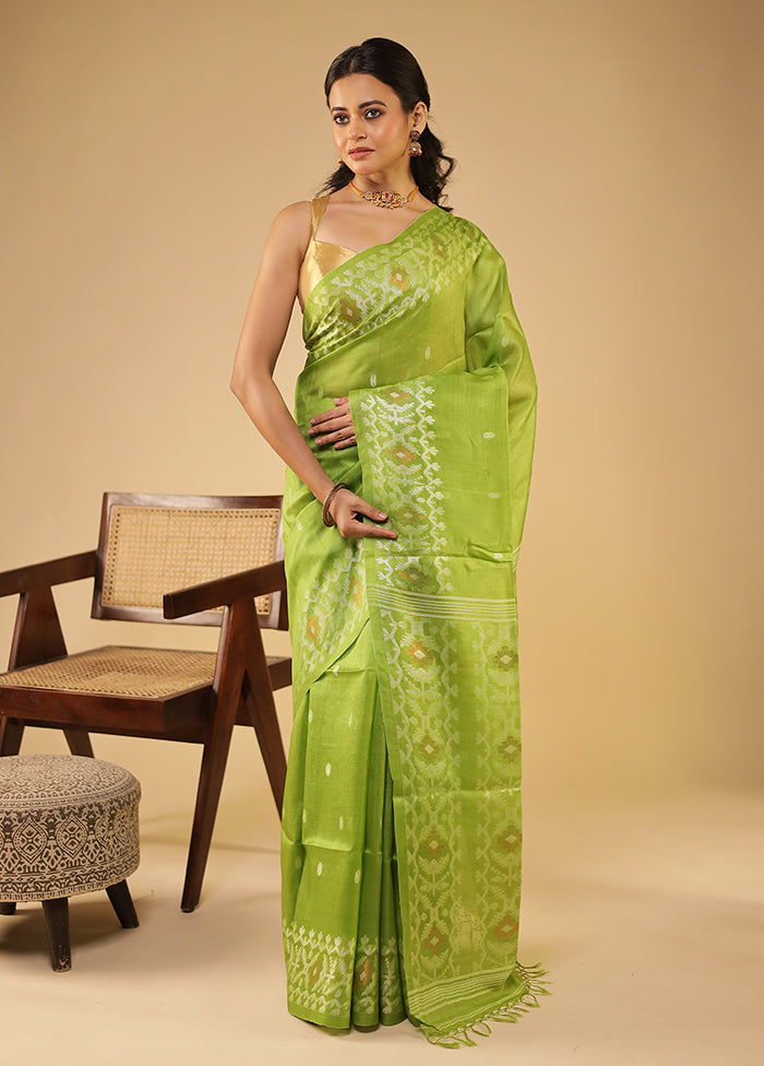 Green Handloom Tussar Pure Silk Saree With Blouse Piece