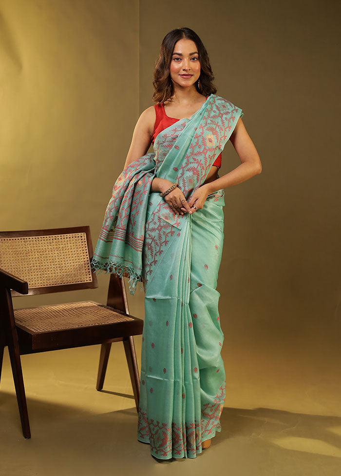 Green Handloom Tussar Pure Silk Saree With Blouse Piece