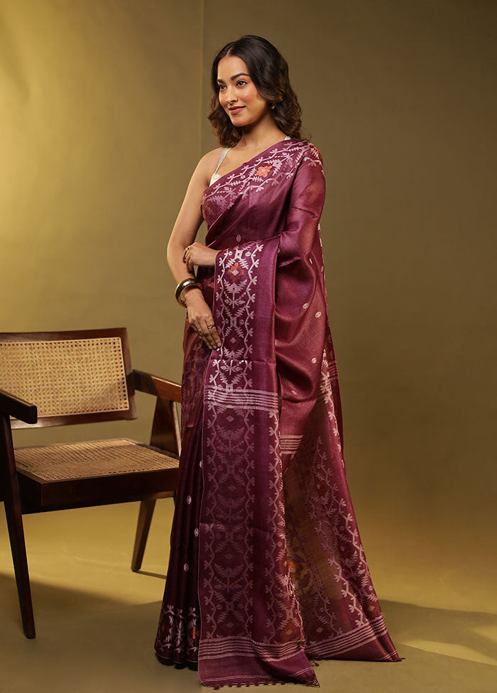 Purple Handloom Tussar Pure Silk Saree With Blouse Piece