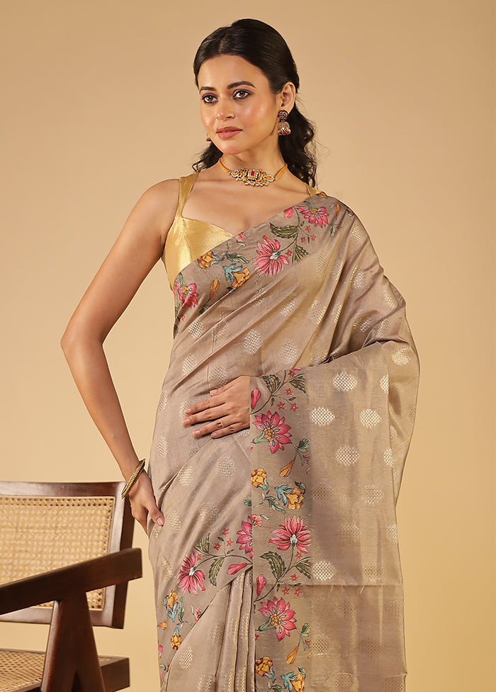 Grey Tussar Silk Saree With Blouse Piece