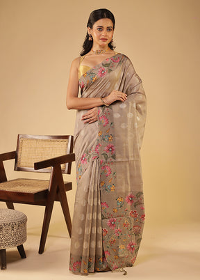 Grey Tussar Silk Saree With Blouse Piece