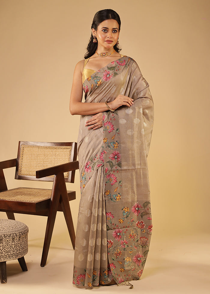 Grey Tussar Silk Saree With Blouse Piece