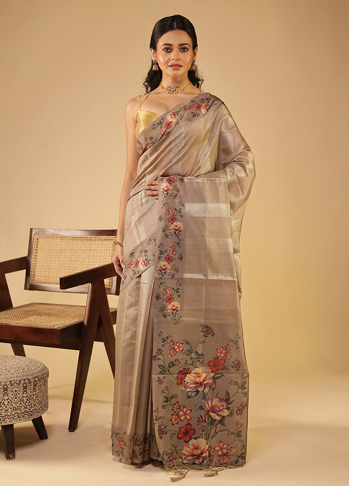 Grey Tussar Silk Saree With Blouse Piece