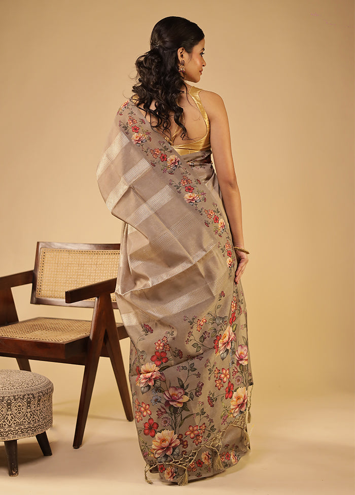 Grey Tussar Silk Saree With Blouse Piece