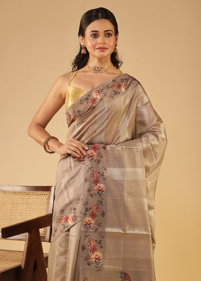 Grey Tussar Silk Saree With Blouse Piece