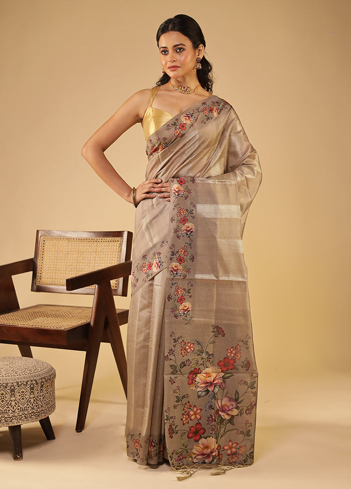 Grey Tussar Silk Saree With Blouse Piece