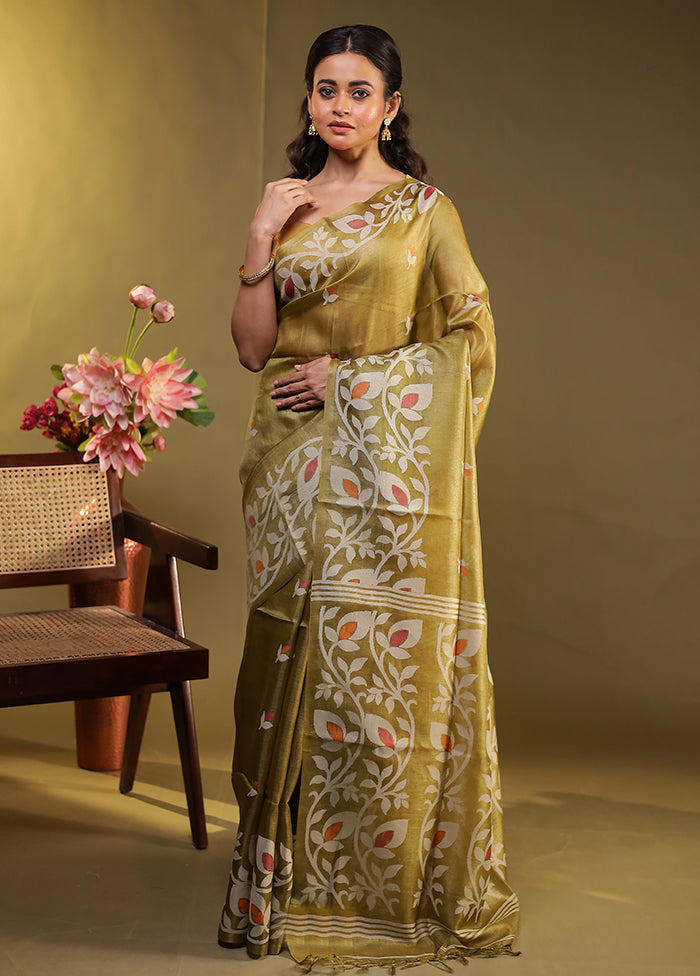 Green Handloom Tussar Pure Silk Saree With Blouse Piece