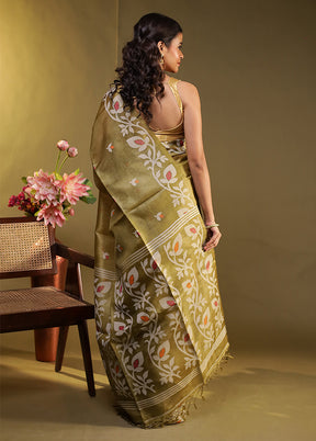 Green Handloom Tussar Pure Silk Saree With Blouse Piece