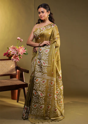 Green Handloom Tussar Pure Silk Saree With Blouse Piece