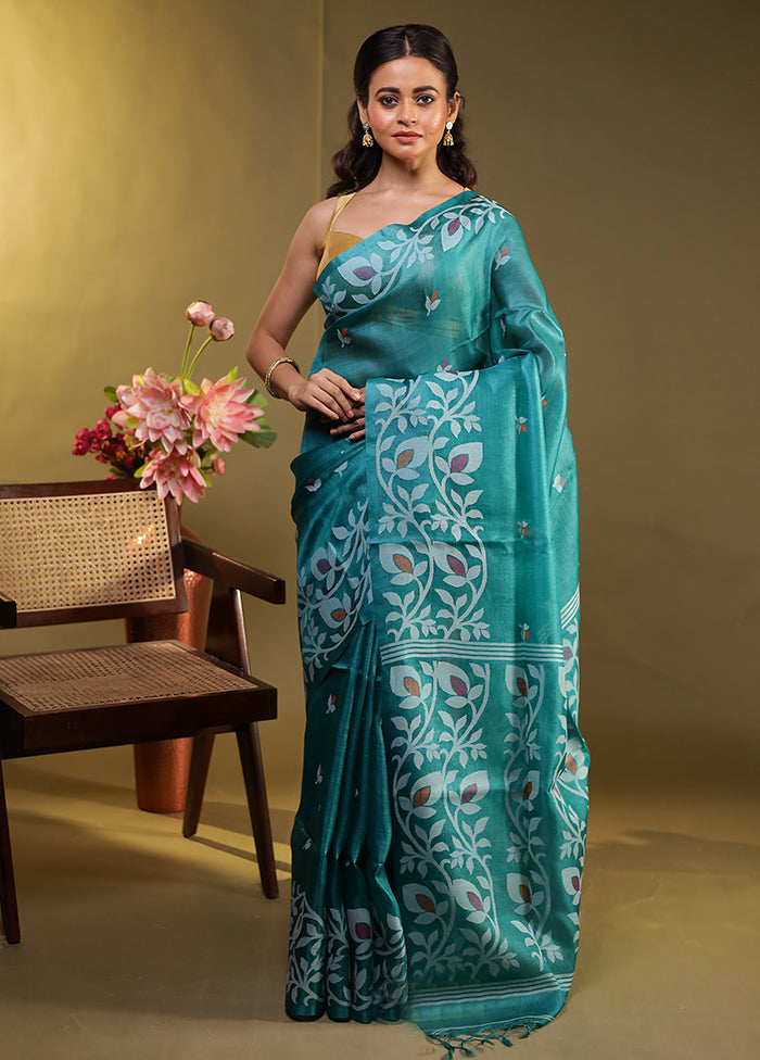 Green Handloom Tussar Pure Silk Saree With Blouse Piece