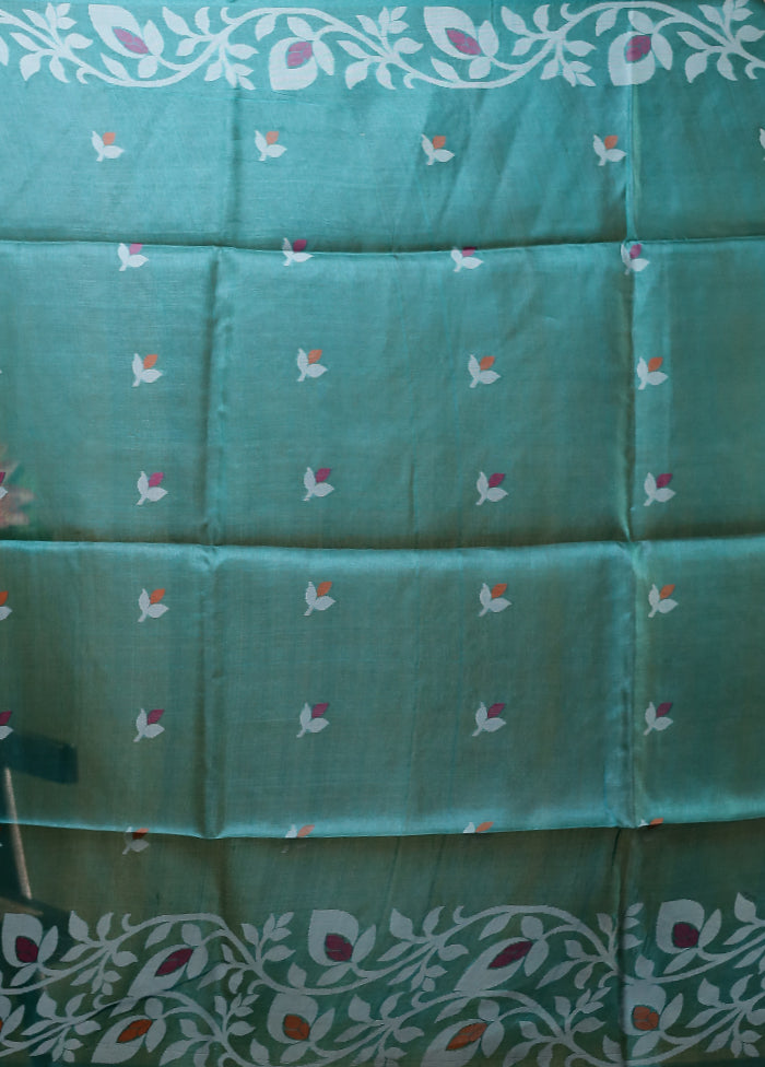 Green Handloom Tussar Pure Silk Saree With Blouse Piece