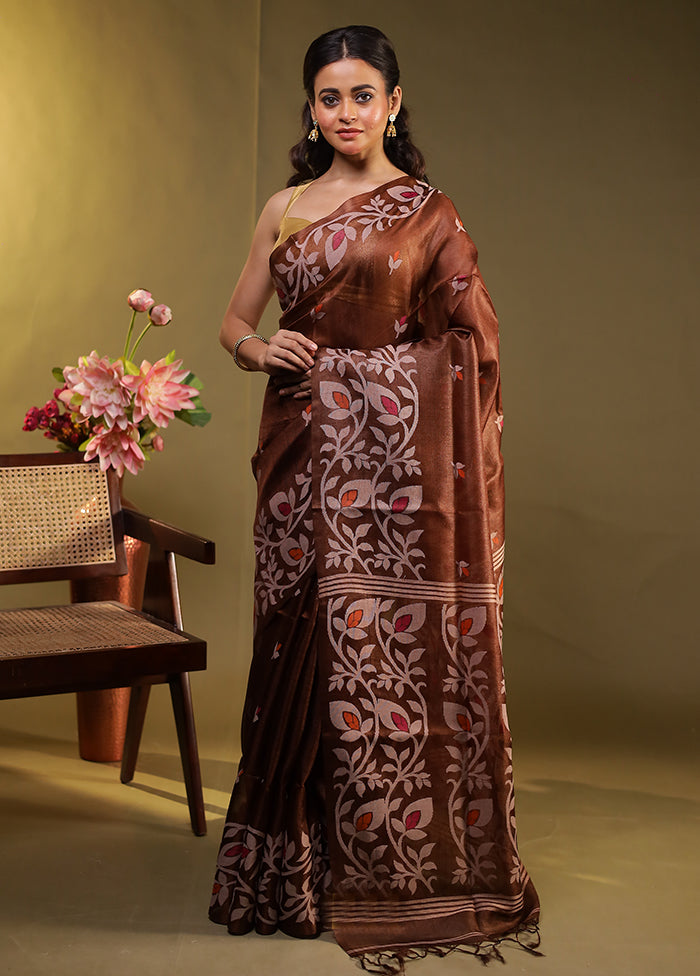 Brown Handloom Tussar Pure Silk Saree With Blouse Piece