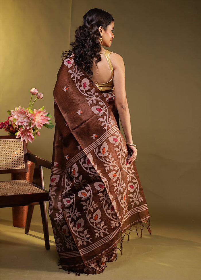 Brown Handloom Tussar Pure Silk Saree With Blouse Piece