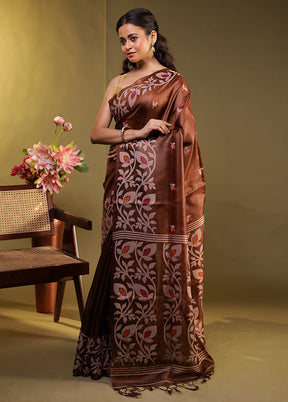 Brown Handloom Tussar Pure Silk Saree With Blouse Piece