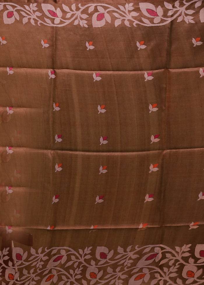 Brown Handloom Tussar Pure Silk Saree With Blouse Piece