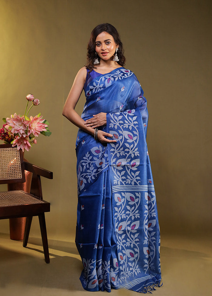 Blue Handloom Tussar Pure Silk Saree With Blouse Piece