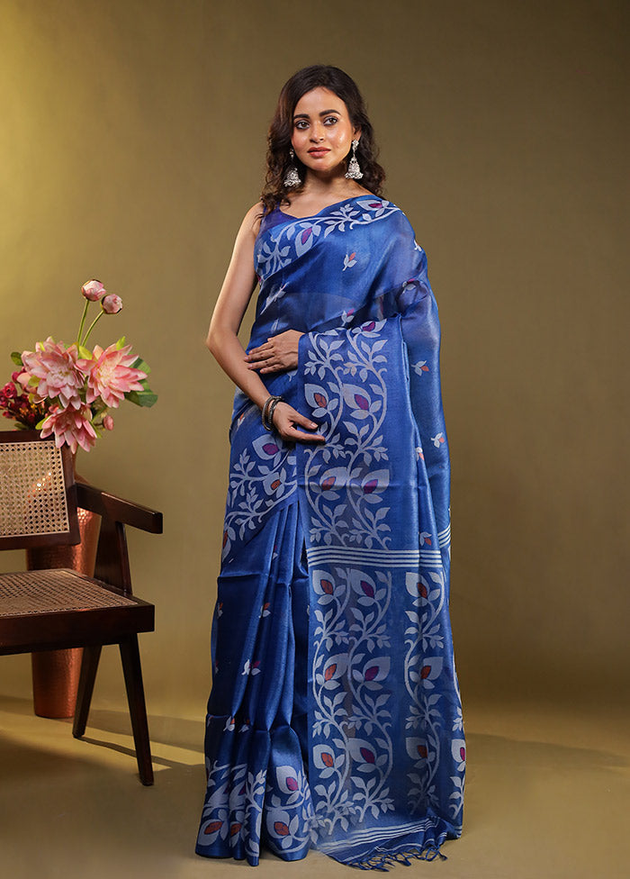 Blue Handloom Tussar Pure Silk Saree With Blouse Piece