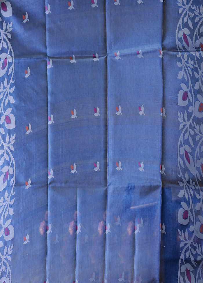 Blue Handloom Tussar Pure Silk Saree With Blouse Piece