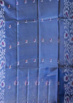 Blue Handloom Tussar Pure Silk Saree With Blouse Piece