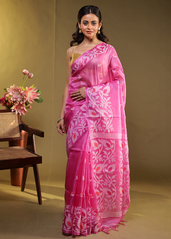 Pink Handloom Tussar Pure Silk Saree With Blouse Piece