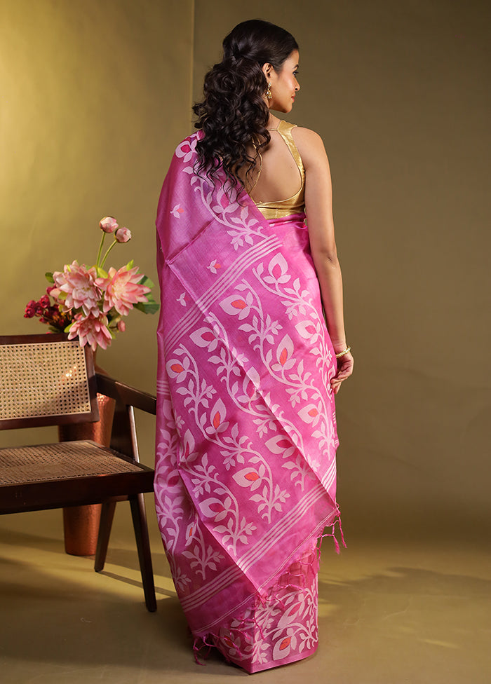 Pink Handloom Tussar Pure Silk Saree With Blouse Piece