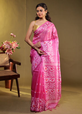 Pink Handloom Tussar Pure Silk Saree With Blouse Piece