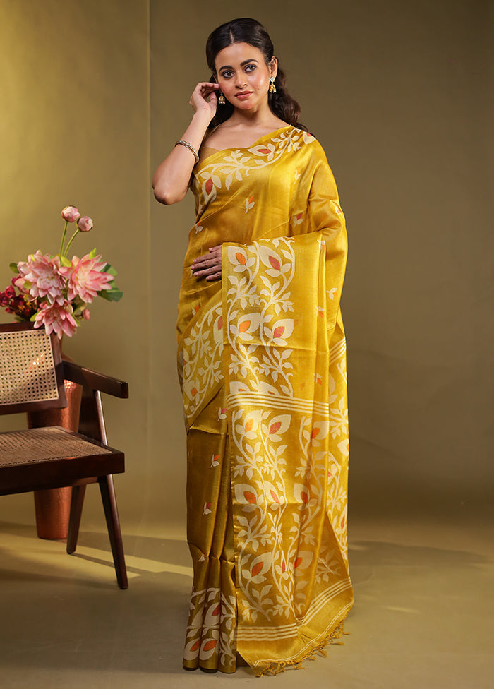 Yellow Handloom Tussar Pure Silk Saree With Blouse Piece