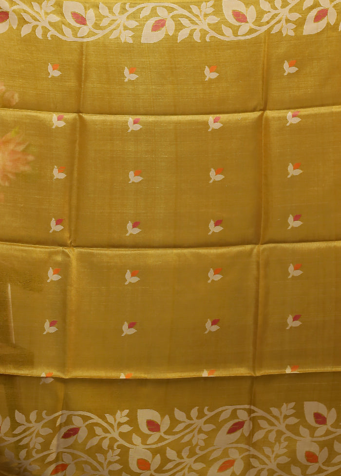 Yellow Handloom Tussar Pure Silk Saree With Blouse Piece