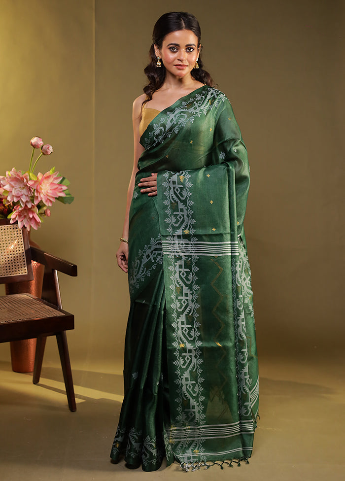 Green Handloom Tussar Pure Silk Saree With Blouse Piece