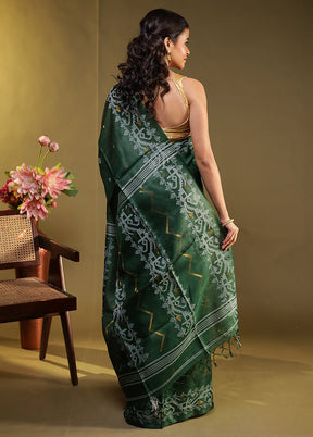 Green Handloom Tussar Pure Silk Saree With Blouse Piece